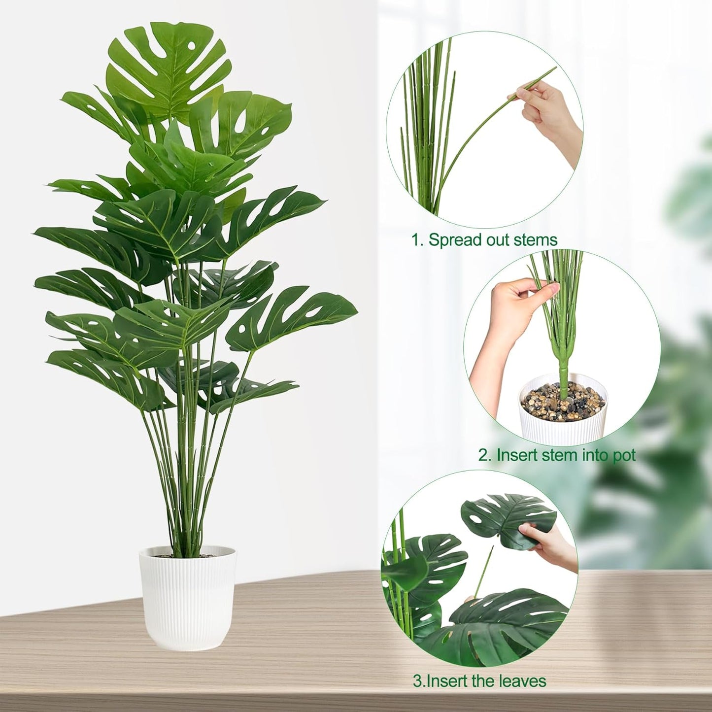 Set of 2 Artificial Monstera Deliciosa Plants in Pots, Fake Tropical Trees with Greenery Leaves Stems, 32 Inch Faux Swiss Cheese Floor Plants for Home Porch, Garden, Office, Store Decor