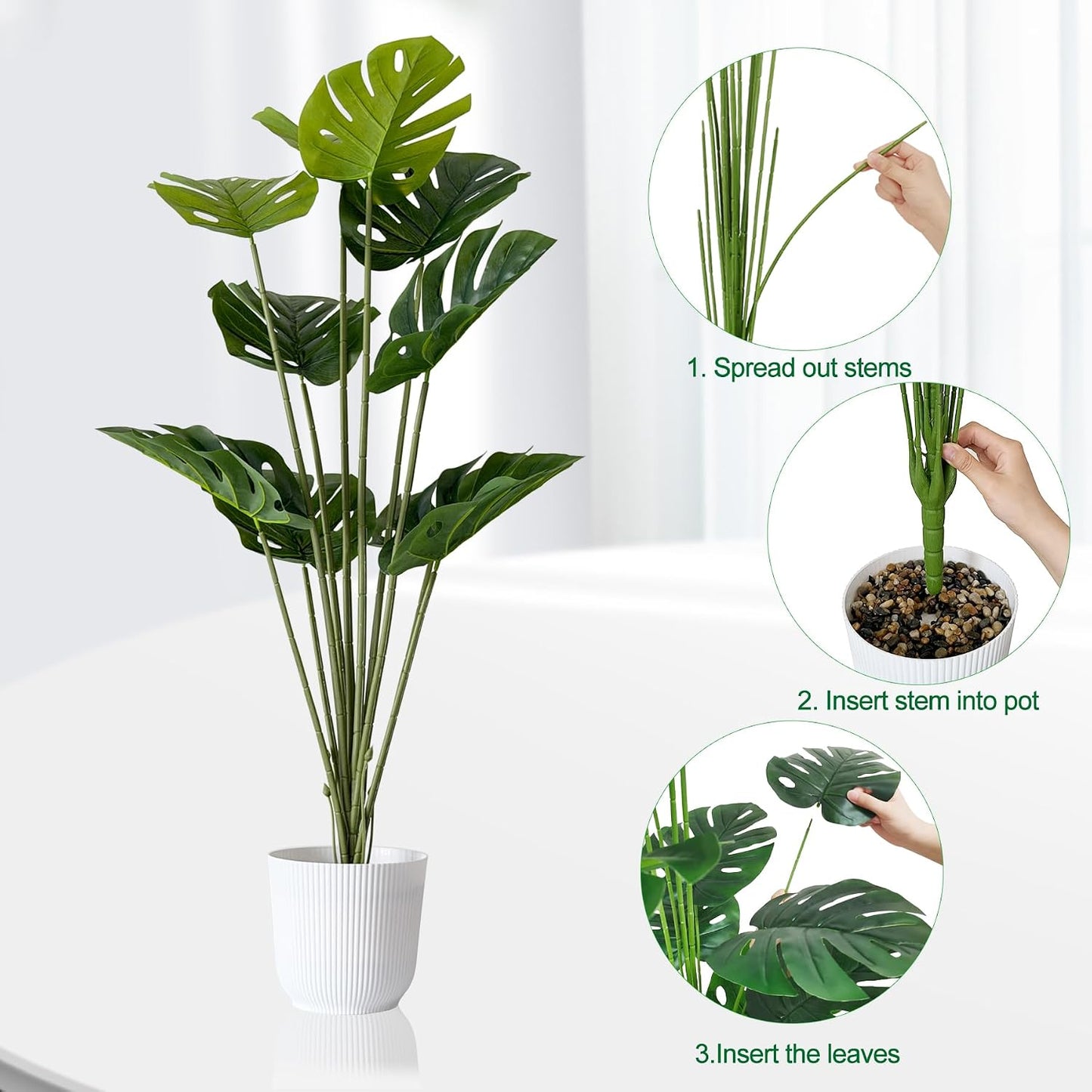 Set of 2 Artificial Monstera Deliciosa Plants in Pots, Fake Tropical Trees with Greenery Leaves Stems, 32 Inch Faux Swiss Cheese Floor Plants for Home Porch, Garden, Office, Store Decor