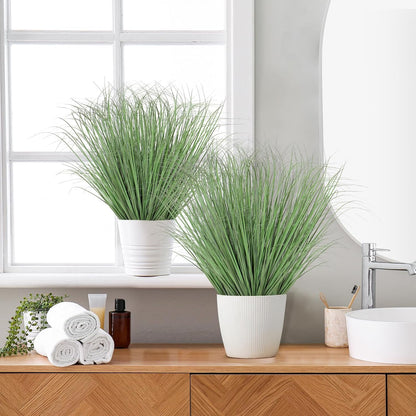 Artificial Grass Plants Outdoor 28 Bundles Fake Wheat Grass UV Resistant Faux Shrubs Bushes Plant Green Onion Grass Artificial Greenery Tall Stems for Indoor Outdoor Office Home Decor