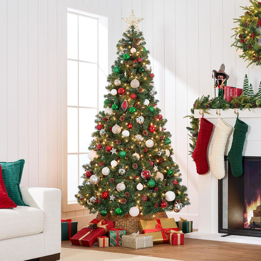 6ft Pre-Lit Pre-Decorated Artificial Christmas Tree Spruce w/Twinkling LEDs Pinecones, Berries, 250 Lights, w/ 798 Tips
