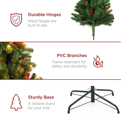 6ft Pre-Lit Pre-Decorated Artificial Christmas Tree Spruce w/Twinkling LEDs Pinecones, Berries, 250 Lights, w/ 798 Tips