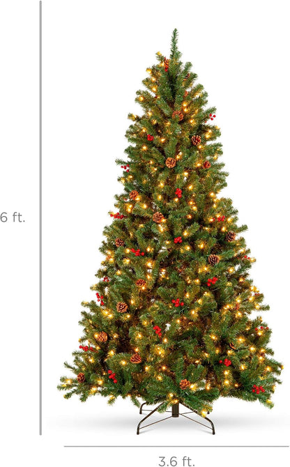 6ft Pre-Lit Pre-Decorated Artificial Christmas Tree Spruce w/Twinkling LEDs Pinecones, Berries, 250 Lights, w/ 798 Tips