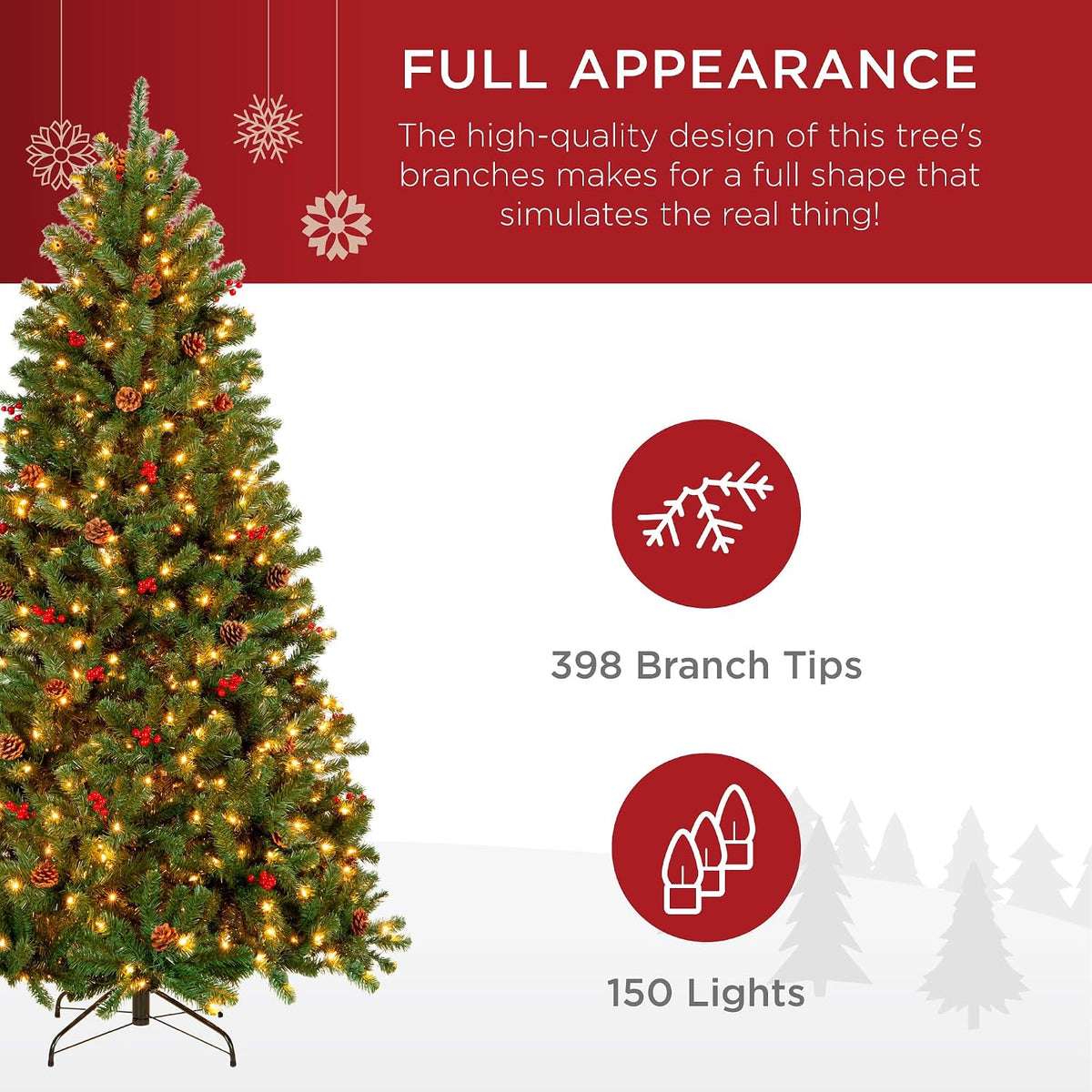 6ft Pre-Lit Pre-Decorated Artificial Christmas Tree Spruce w/Twinkling LEDs Pinecones, Berries, 250 Lights, w/ 798 Tips
