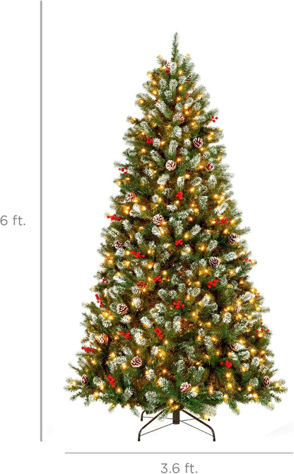6ft Pre-Lit Pre-Decorated Artificial Christmas Tree Spruce w/Twinkling LEDs Pinecones, Berries, 250 Lights, w/ 798 Tips