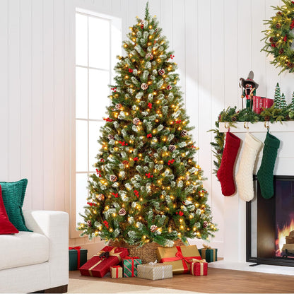 6ft Pre-Lit Pre-Decorated Artificial Christmas Tree Spruce w/Twinkling LEDs Pinecones, Berries, 250 Lights, w/ 798 Tips