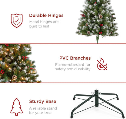 6ft Pre-Lit Pre-Decorated Artificial Christmas Tree Spruce w/Twinkling LEDs Pinecones, Berries, 250 Lights, w/ 798 Tips