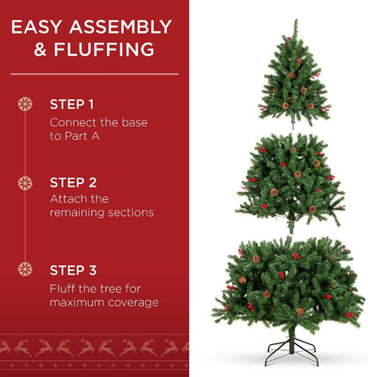 6ft Pre-Lit Pre-Decorated Artificial Christmas Tree Spruce w/Twinkling LEDs Pinecones, Berries, 250 Lights, w/ 798 Tips