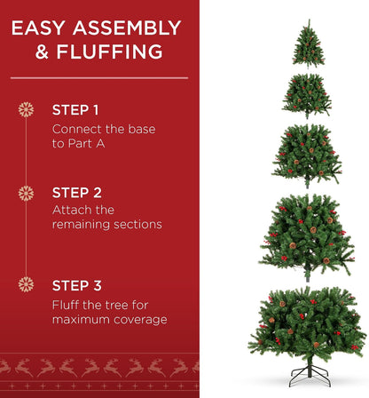 6ft Pre-Lit Pre-Decorated Artificial Christmas Tree Spruce w/Twinkling LEDs Pinecones, Berries, 250 Lights, w/ 798 Tips