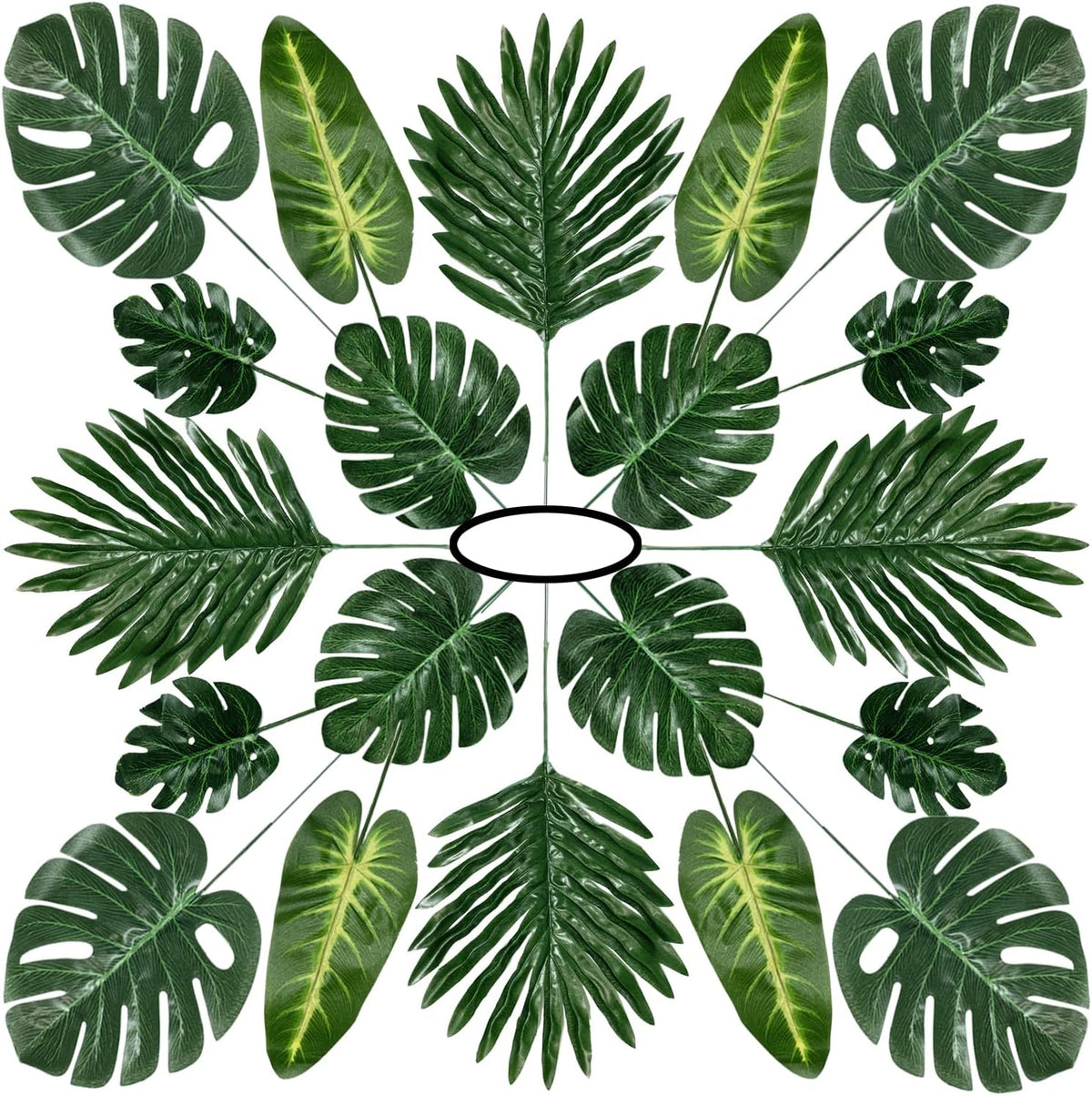 60 Pieces 5 Kinds Artificial Palm Leaves with Faux Stem, Tropical Party Decorations Jungle Monstera Leaves Safari Leaves for Hawaiian Luau Party Jungle Beach Table Leave Decorations