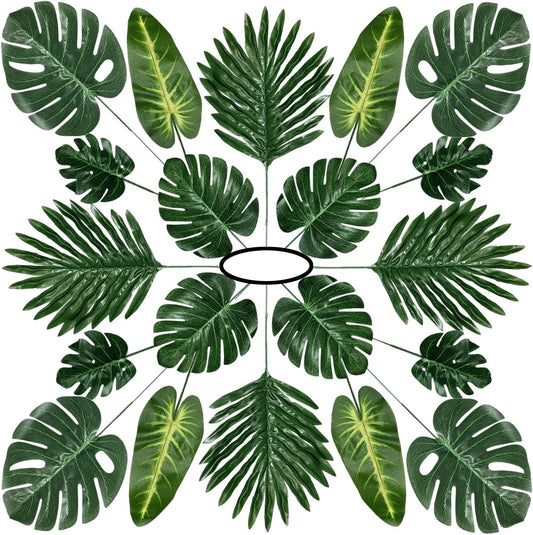 60 Pieces 5 Kinds Artificial Palm Leaves with Faux Stem, Tropical Party Decorations Jungle Monstera Leaves Safari Leaves for Hawaiian Luau Party Jungle Beach Table Leave Decorations