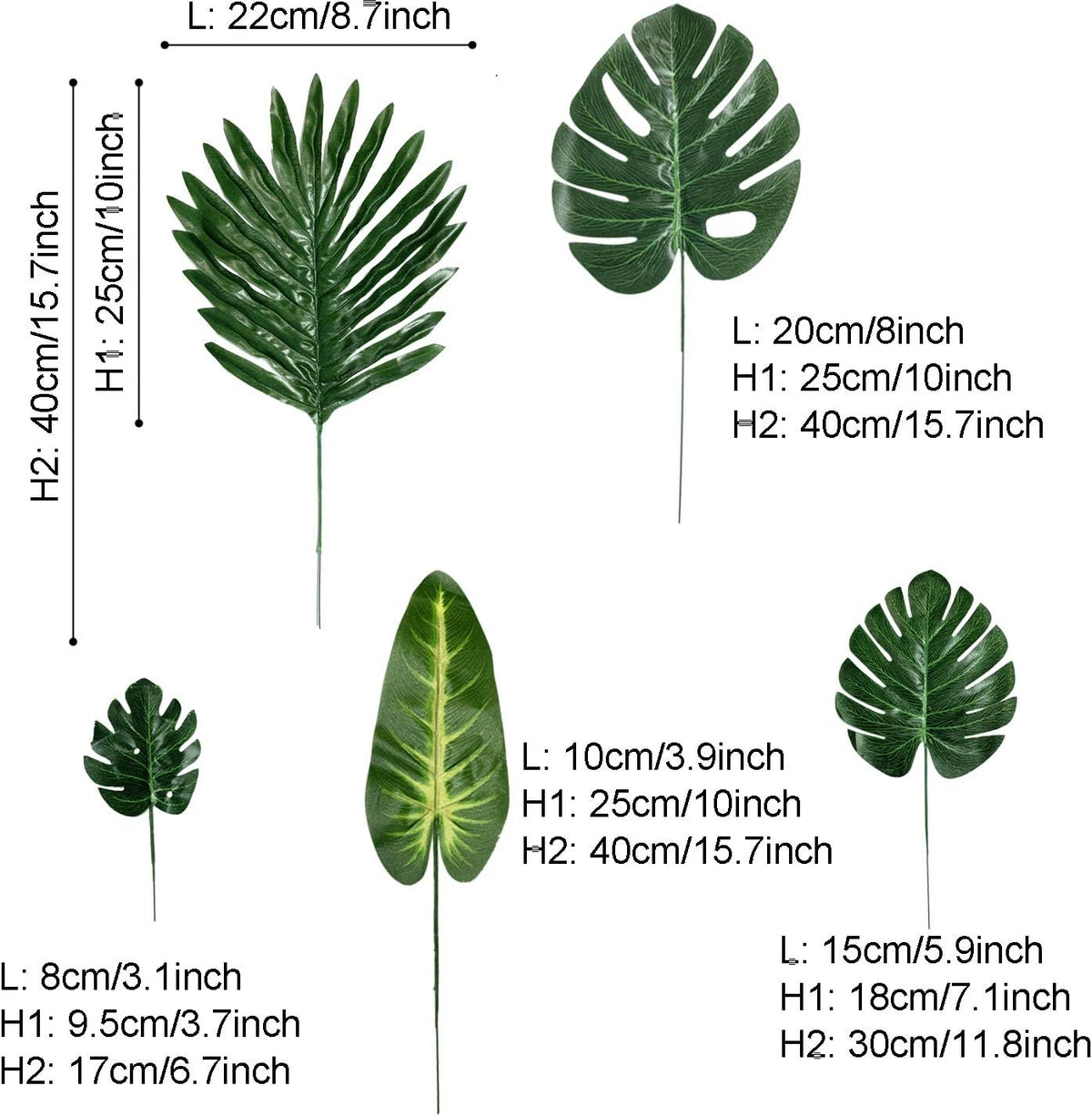 60 Pieces 5 Kinds Artificial Palm Leaves with Faux Stem, Tropical Party Decorations Jungle Monstera Leaves Safari Leaves for Hawaiian Luau Party Jungle Beach Table Leave Decorations