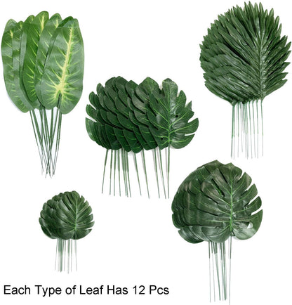 60 Pieces 5 Kinds Artificial Palm Leaves with Faux Stem, Tropical Party Decorations Jungle Monstera Leaves Safari Leaves for Hawaiian Luau Party Jungle Beach Table Leave Decorations