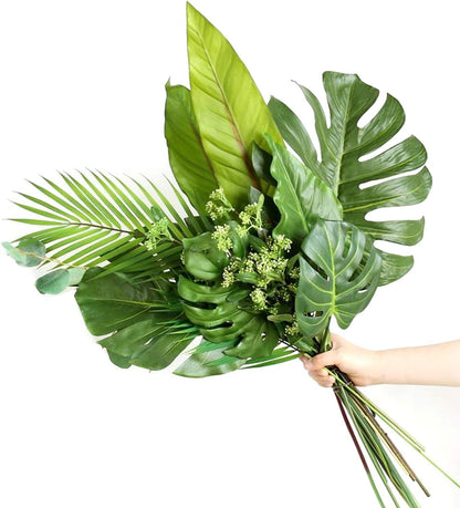 60 Pieces 5 Kinds Artificial Palm Leaves with Faux Stem, Tropical Party Decorations Jungle Monstera Leaves Safari Leaves for Hawaiian Luau Party Jungle Beach Table Leave Decorations