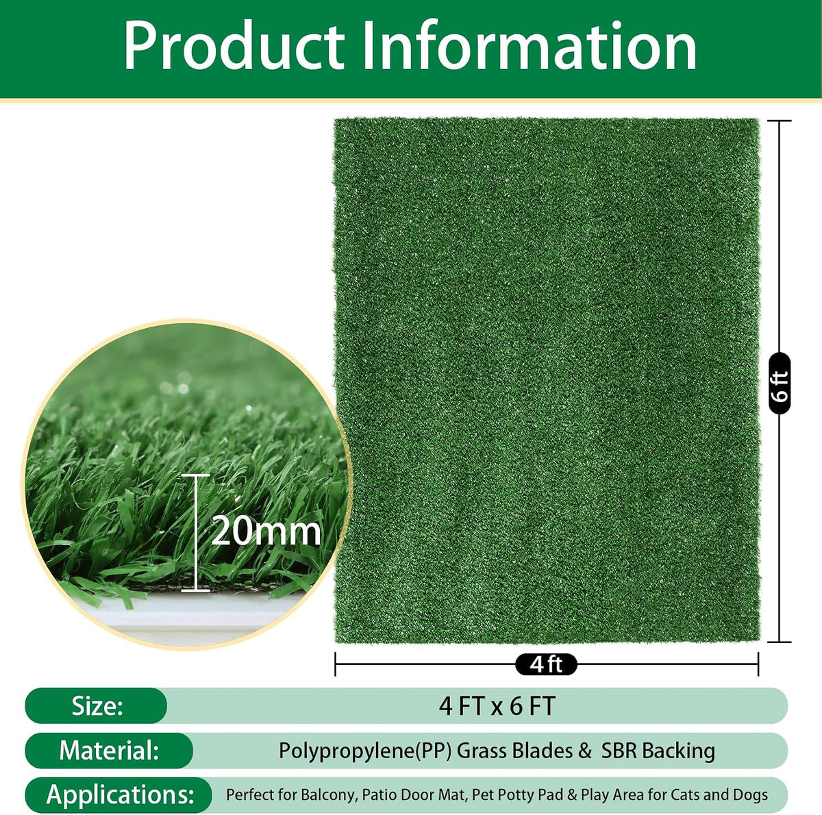 Artificial Grass Outdoor Rug - 4FTX6FT Turf Mat Fake Grass for Dogs