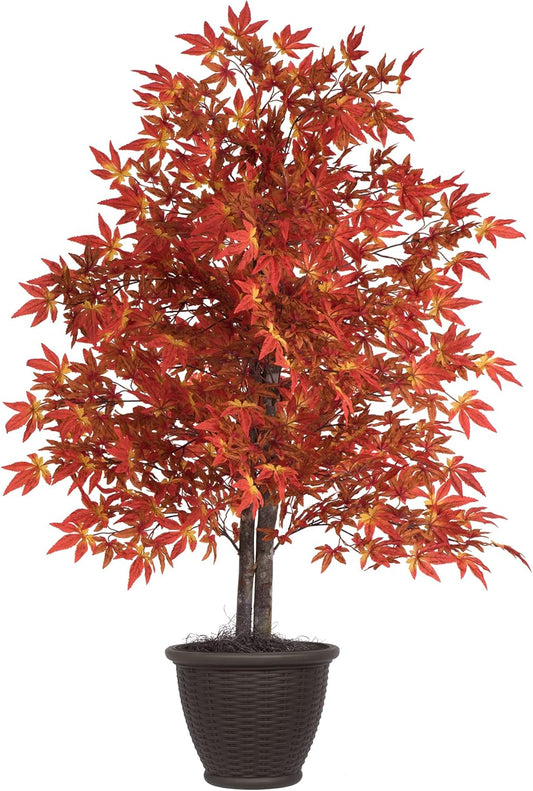 Everyday - 4' Indoor Artificial Orange Maple Bush - Real Tag Alder Trunks - Decorative Rattan Basket - Lifelike Home Office Decor - Faux Indoor Potted Bush