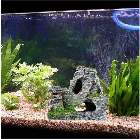 Resin Aquarium Mountain Decor with Moss Rock Cave - Multi-Level Terrain for Fish Tank Landscaping, Natural-Looking Rockery Design with Hidden Cave and Crevices for Shrimp, Reptile Habitat Aquascaping