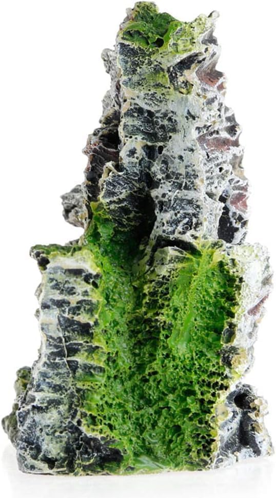 Resin Aquarium Mountain Decor with Moss Rock Cave - Multi-Level Terrain for Fish Tank Landscaping, Natural-Looking Rockery Design with Hidden Cave and Crevices for Shrimp, Reptile Habitat Aquascaping