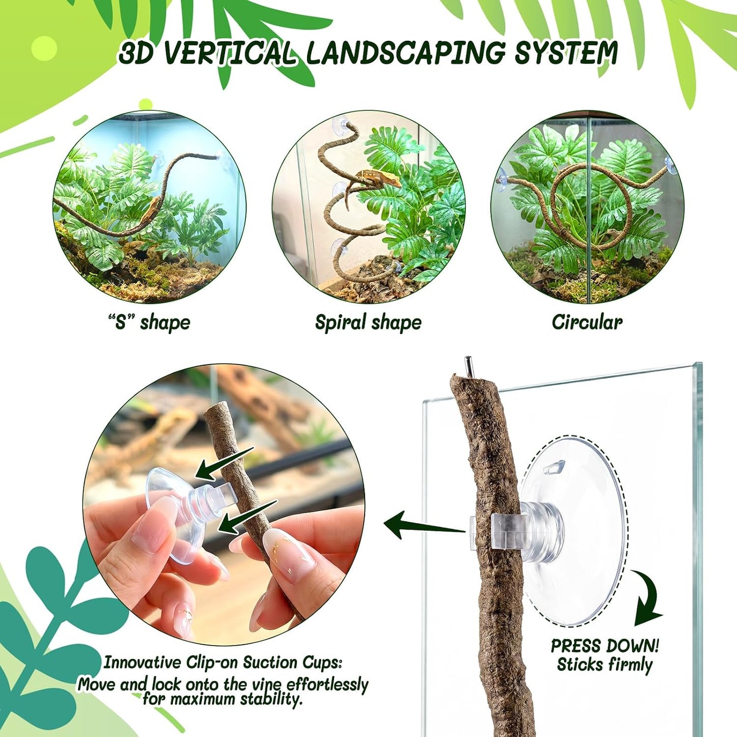 3PC Reptile Terrarium Habitat Decor Kit – Realistic Artificial Reptile Plants with Hanging Vine, Resin Stone Base – Jungle Rainforest Habitat & Climbing for Lizard & Amphibians (Syngonium)
