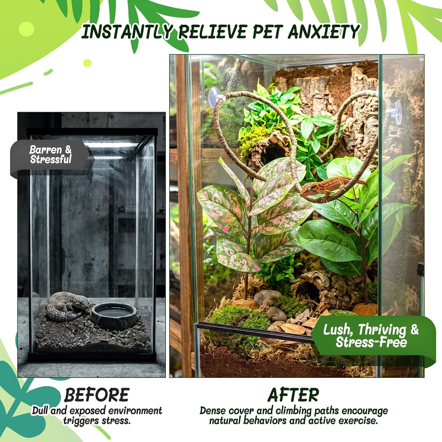 3PC Reptile Terrarium Habitat Decor Kit – Realistic Artificial Reptile Plants with Hanging Vine, Resin Stone Base – Jungle Rainforest Habitat & Climbing for Lizard & Amphibians (Syngonium)