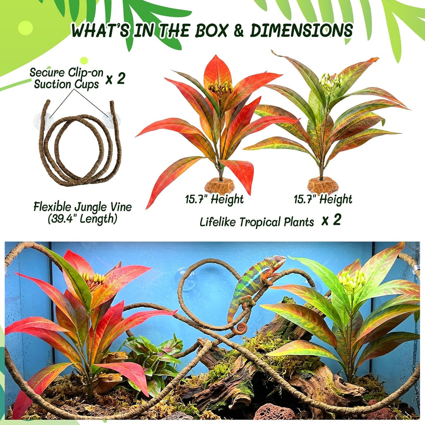 3PC Reptile Terrarium Habitat Decor Kit – Realistic Artificial Reptile Plants with Hanging Vine, Resin Stone Base – Jungle Rainforest Habitat & Climbing for Lizard & Amphibians (Syngonium)
