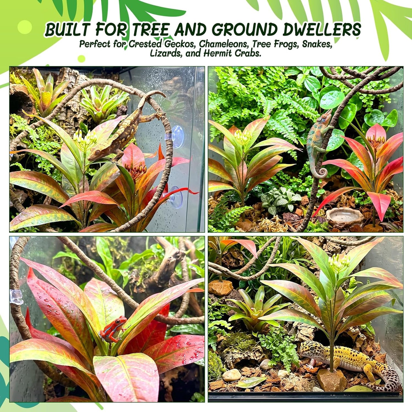 3PC Reptile Terrarium Habitat Decor Kit – Realistic Artificial Reptile Plants with Hanging Vine, Resin Stone Base – Jungle Rainforest Habitat & Climbing for Lizard & Amphibians (Syngonium)
