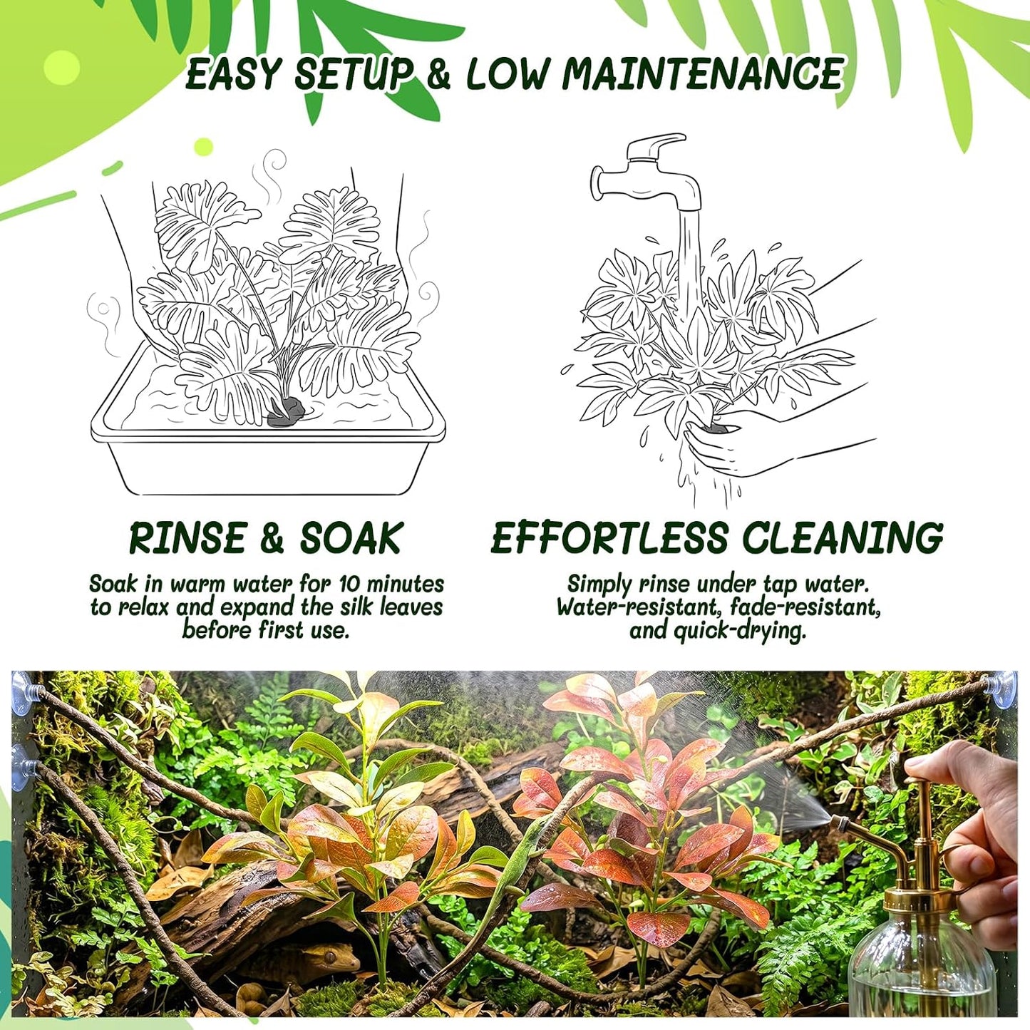 3PC Reptile Terrarium Habitat Decor Kit – Realistic Artificial Reptile Plants with Hanging Vine, Resin Stone Base – Jungle Rainforest Habitat & Climbing for Lizard & Amphibians (Syngonium)