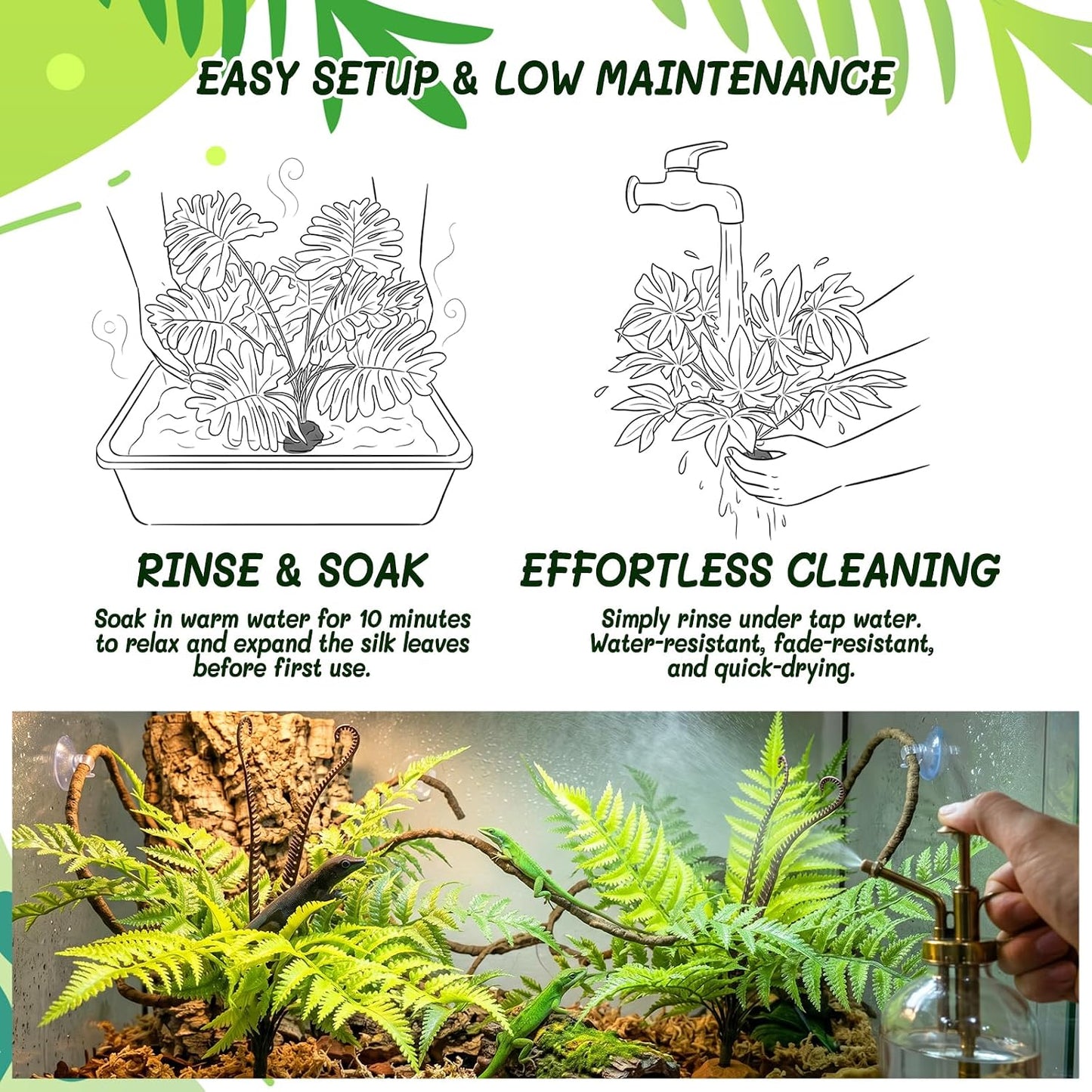 3PC Reptile Terrarium Habitat Decor Kit – Realistic Artificial Reptile Plants with Hanging Vine, Resin Stone Base – Jungle Rainforest Habitat & Climbing for Lizard & Amphibians (Syngonium)
