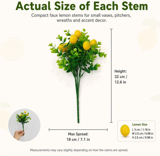 6 Pcs Artificial Lemon Branches Small Artificial Fruit Lemon Tree Greenery Decoration Faux Lemons Picks for Farmhouse Kitchen Home Table Decor Stem Fruits for Home Spring Summer Decor