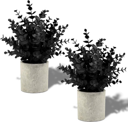 2 Pack Small Fake Plants Eucalyptus Potted,Black