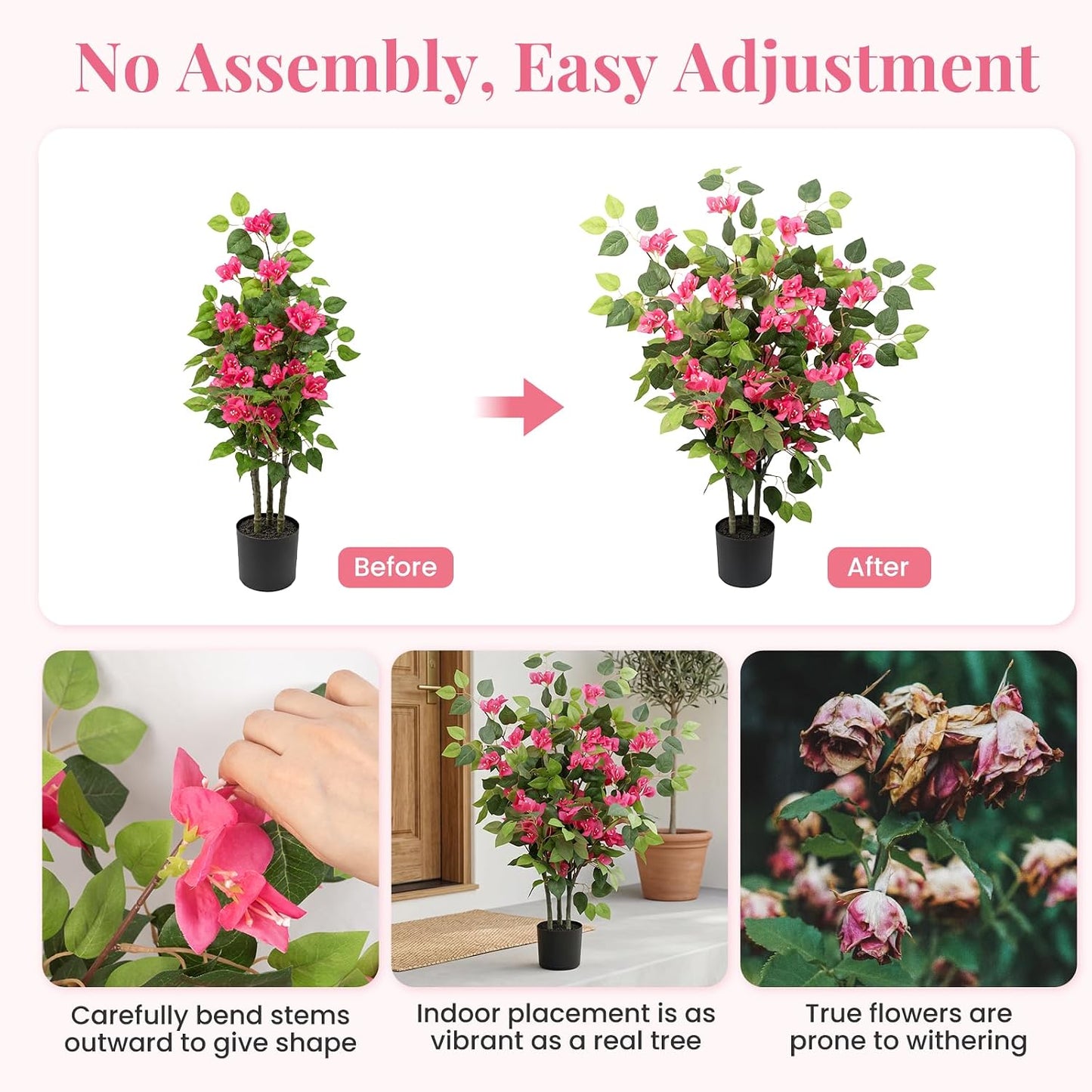 2 Pack 34" Artificial Bougainvillea Tree with Lush Pink Blooms | 3ft lifelike bougainvillea plant with pink blooms and green foliage, for living room, patio, office, porch decoration