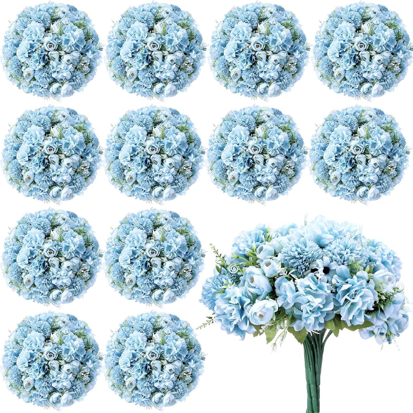 Peonies Artificial Flowers Faux Roses Silk Flowers Hydrangea Artificial Bouquet for Wedding Table Centerpiece Floral Vase Home Office Bridal Decor(Blue,12 Bundles)
