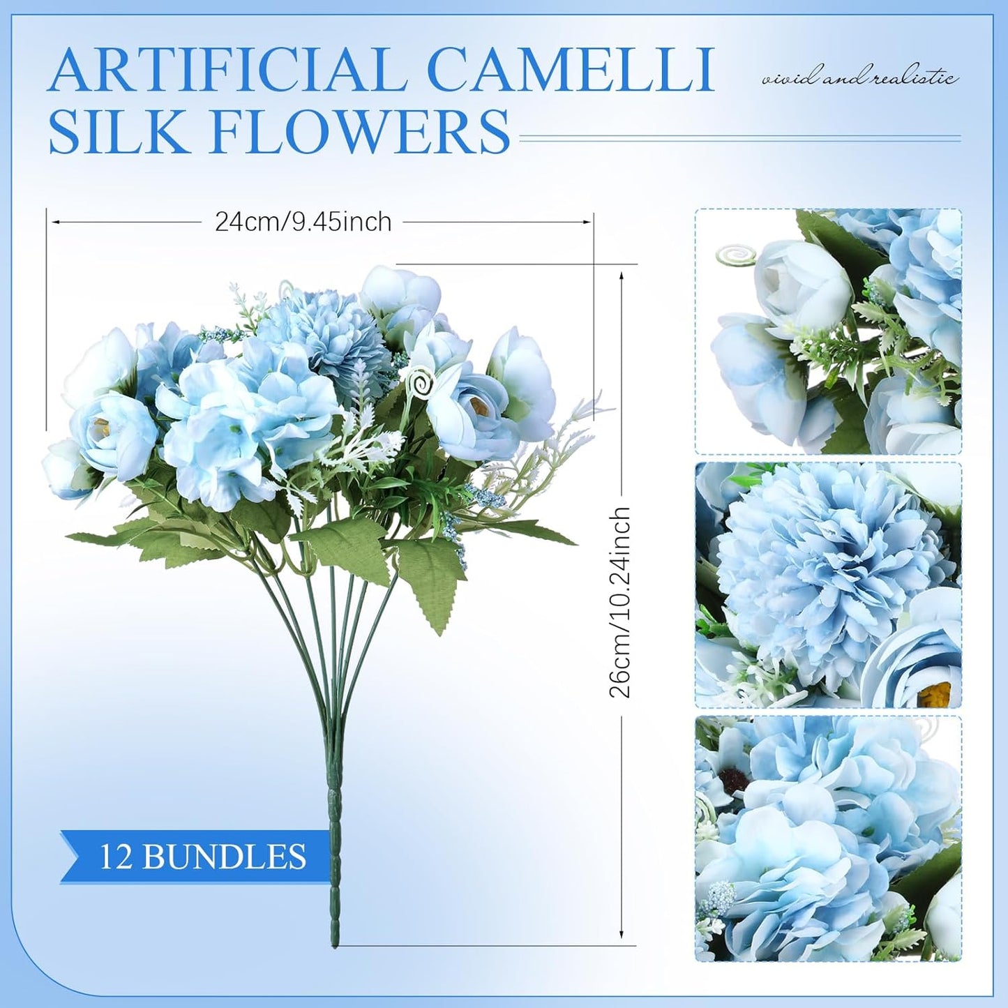 Peonies Artificial Flowers Faux Roses Silk Flowers Hydrangea Artificial Bouquet for Wedding Table Centerpiece Floral Vase Home Office Bridal Decor(Blue,12 Bundles)