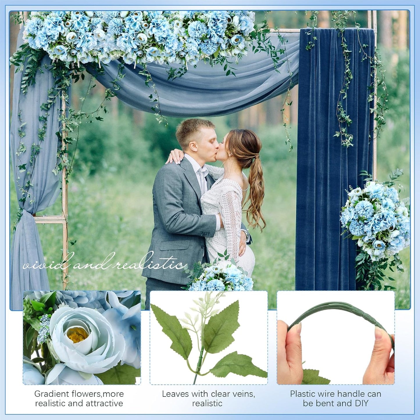 Peonies Artificial Flowers Faux Roses Silk Flowers Hydrangea Artificial Bouquet for Wedding Table Centerpiece Floral Vase Home Office Bridal Decor(Blue,12 Bundles)