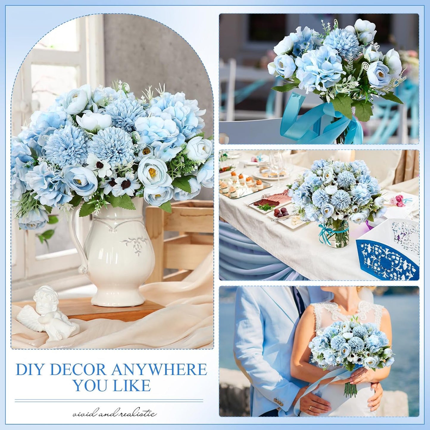 Peonies Artificial Flowers Faux Roses Silk Flowers Hydrangea Artificial Bouquet for Wedding Table Centerpiece Floral Vase Home Office Bridal Decor(Blue,12 Bundles)