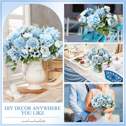 Peonies Artificial Flowers Faux Roses Silk Flowers Hydrangea Artificial Bouquet for Wedding Table Centerpiece Floral Vase Home Office Bridal Decor(Blue,12 Bundles)