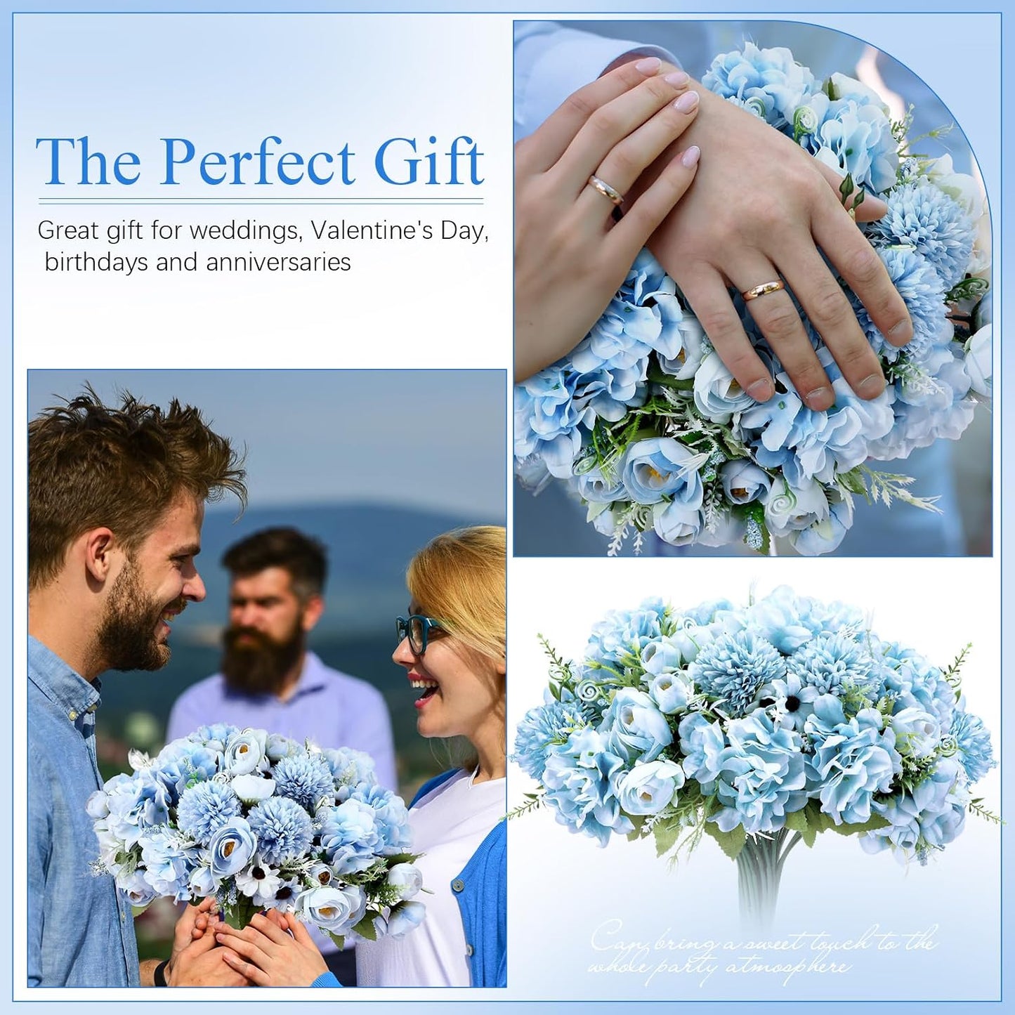 Peonies Artificial Flowers Faux Roses Silk Flowers Hydrangea Artificial Bouquet for Wedding Table Centerpiece Floral Vase Home Office Bridal Decor(Blue,12 Bundles)