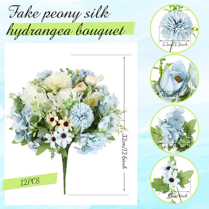Peonies Artificial Flowers Faux Roses Silk Flowers Hydrangea Artificial Bouquet for Wedding Table Centerpiece Floral Vase Home Office Bridal Decor(Blue,12 Bundles)