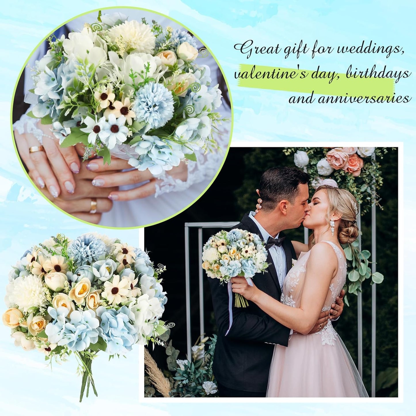 Peonies Artificial Flowers Faux Roses Silk Flowers Hydrangea Artificial Bouquet for Wedding Table Centerpiece Floral Vase Home Office Bridal Decor(Blue,12 Bundles)