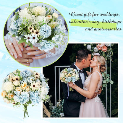 Peonies Artificial Flowers Faux Roses Silk Flowers Hydrangea Artificial Bouquet for Wedding Table Centerpiece Floral Vase Home Office Bridal Decor(Blue,12 Bundles)