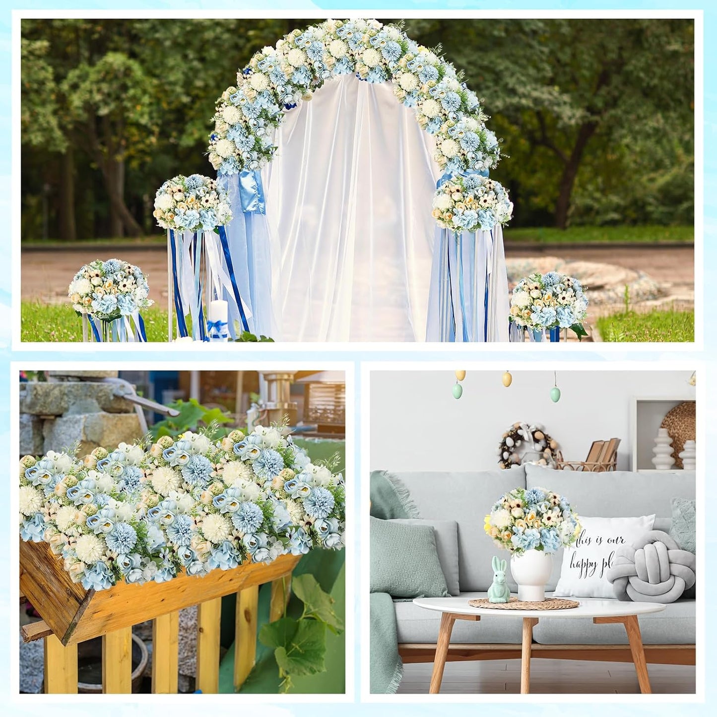Peonies Artificial Flowers Faux Roses Silk Flowers Hydrangea Artificial Bouquet for Wedding Table Centerpiece Floral Vase Home Office Bridal Decor(Blue,12 Bundles)