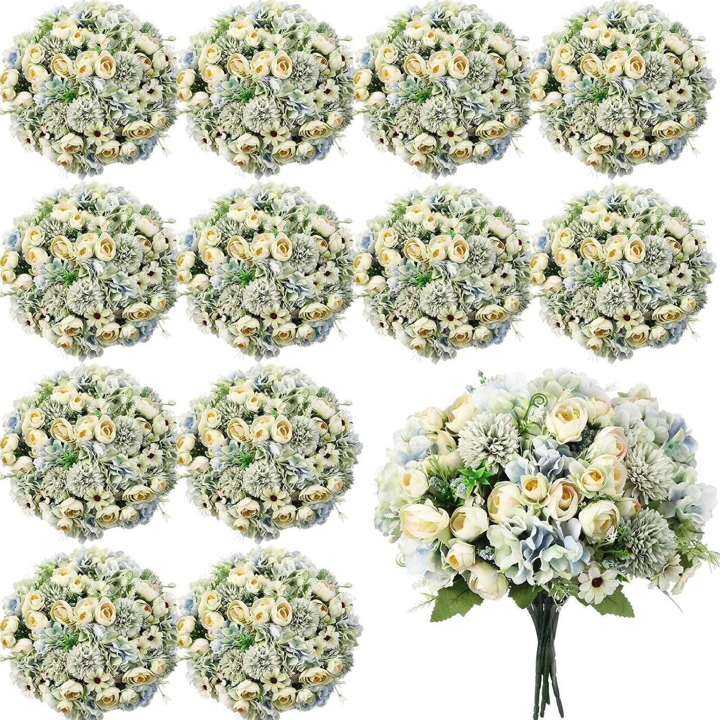 Peonies Artificial Flowers Faux Roses Silk Flowers Hydrangea Artificial Bouquet for Wedding Table Centerpiece Floral Vase Home Office Bridal Decor(Blue,12 Bundles)