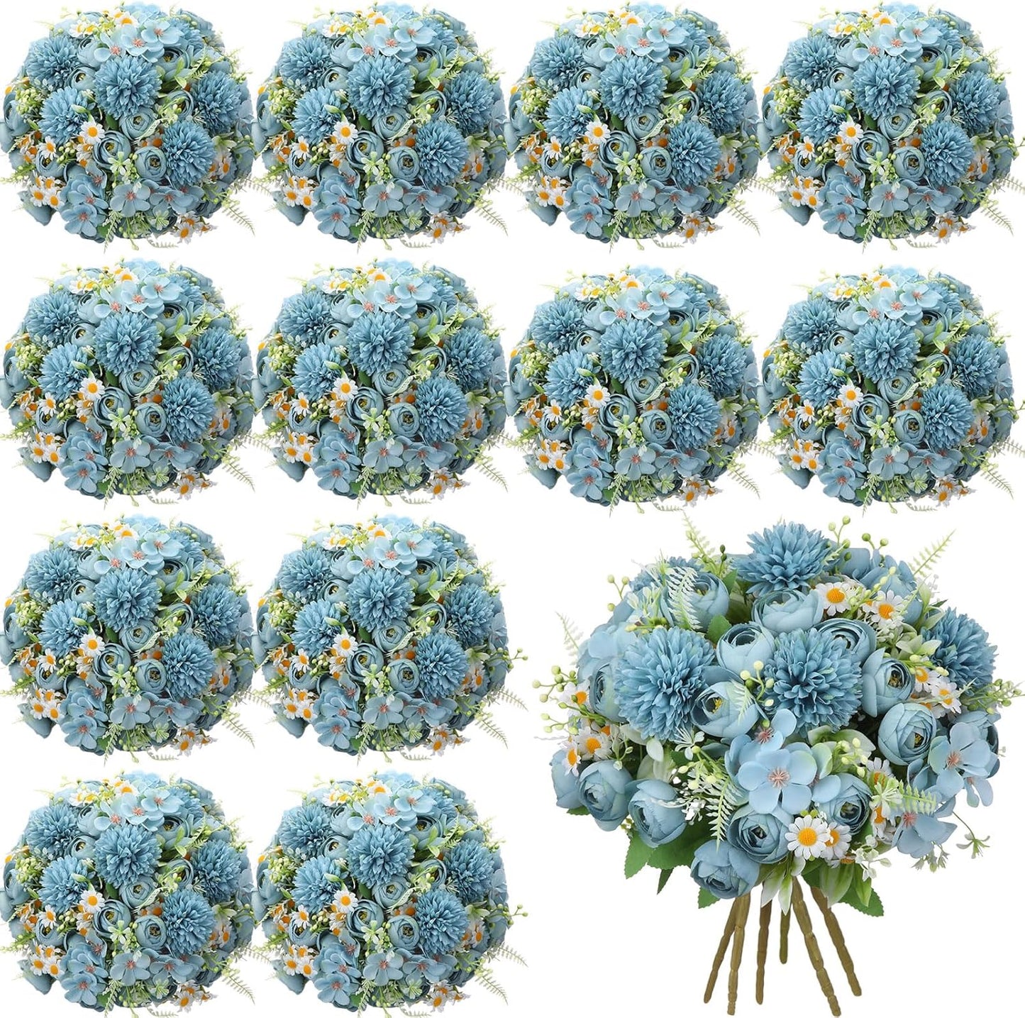 Peonies Artificial Flowers Faux Roses Silk Flowers Hydrangea Artificial Bouquet for Wedding Table Centerpiece Floral Vase Home Office Bridal Decor(Blue,12 Bundles)