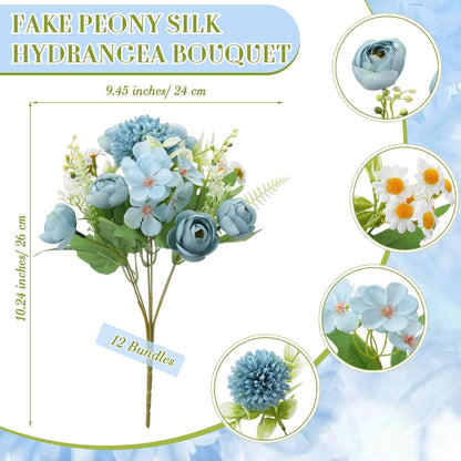 Peonies Artificial Flowers Faux Roses Silk Flowers Hydrangea Artificial Bouquet for Wedding Table Centerpiece Floral Vase Home Office Bridal Decor(Blue,12 Bundles)