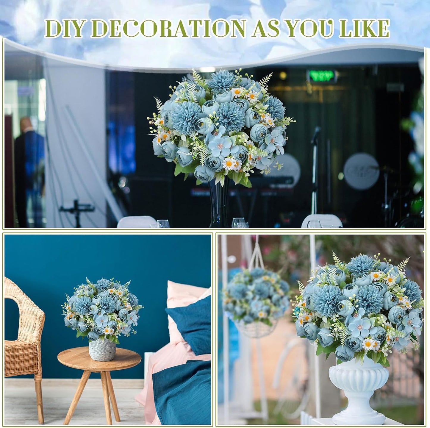 Peonies Artificial Flowers Faux Roses Silk Flowers Hydrangea Artificial Bouquet for Wedding Table Centerpiece Floral Vase Home Office Bridal Decor(Blue,12 Bundles)