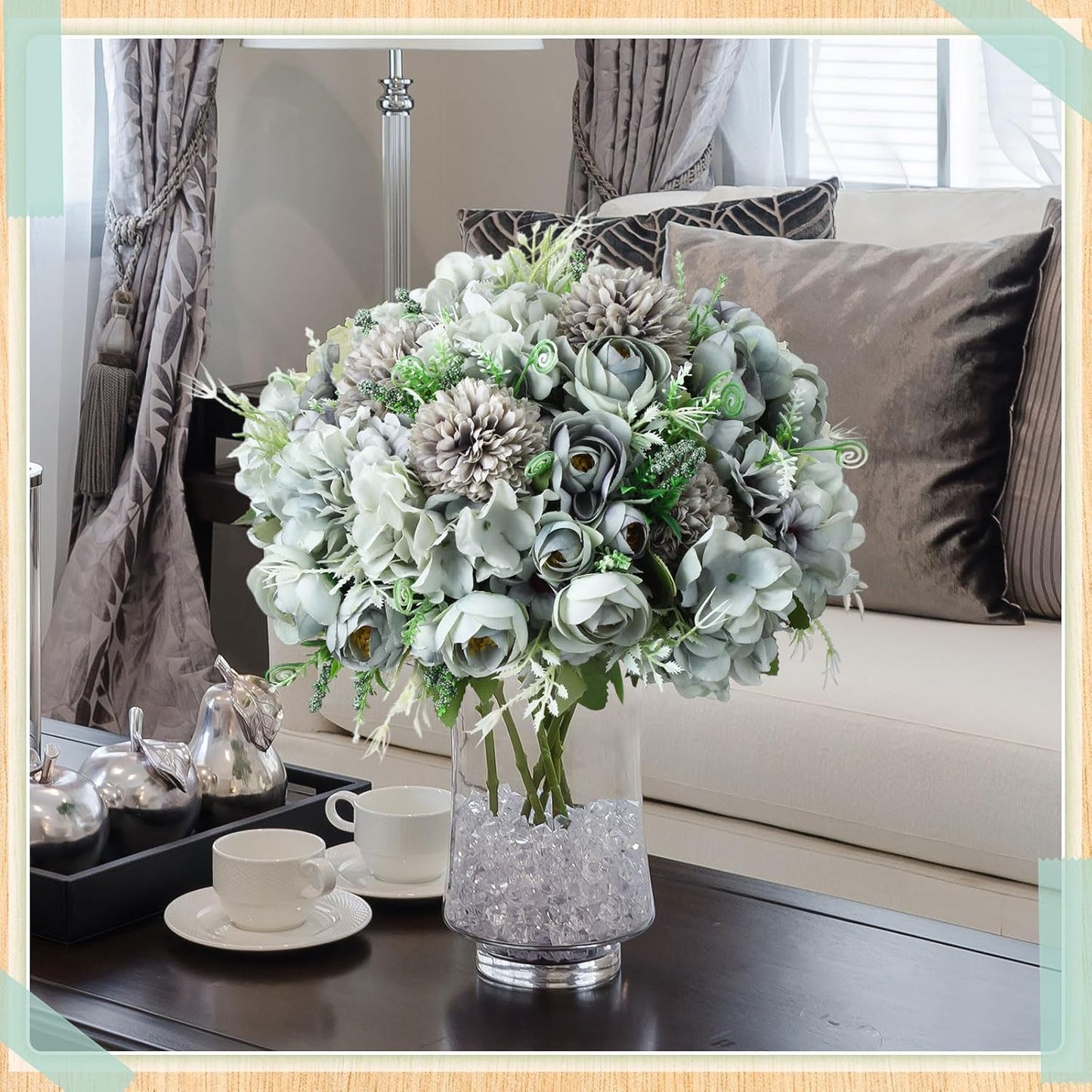 Peonies Artificial Flowers Faux Roses Silk Flowers Hydrangea Artificial Bouquet for Wedding Table Centerpiece Floral Vase Home Office Bridal Decor(Blue,12 Bundles)