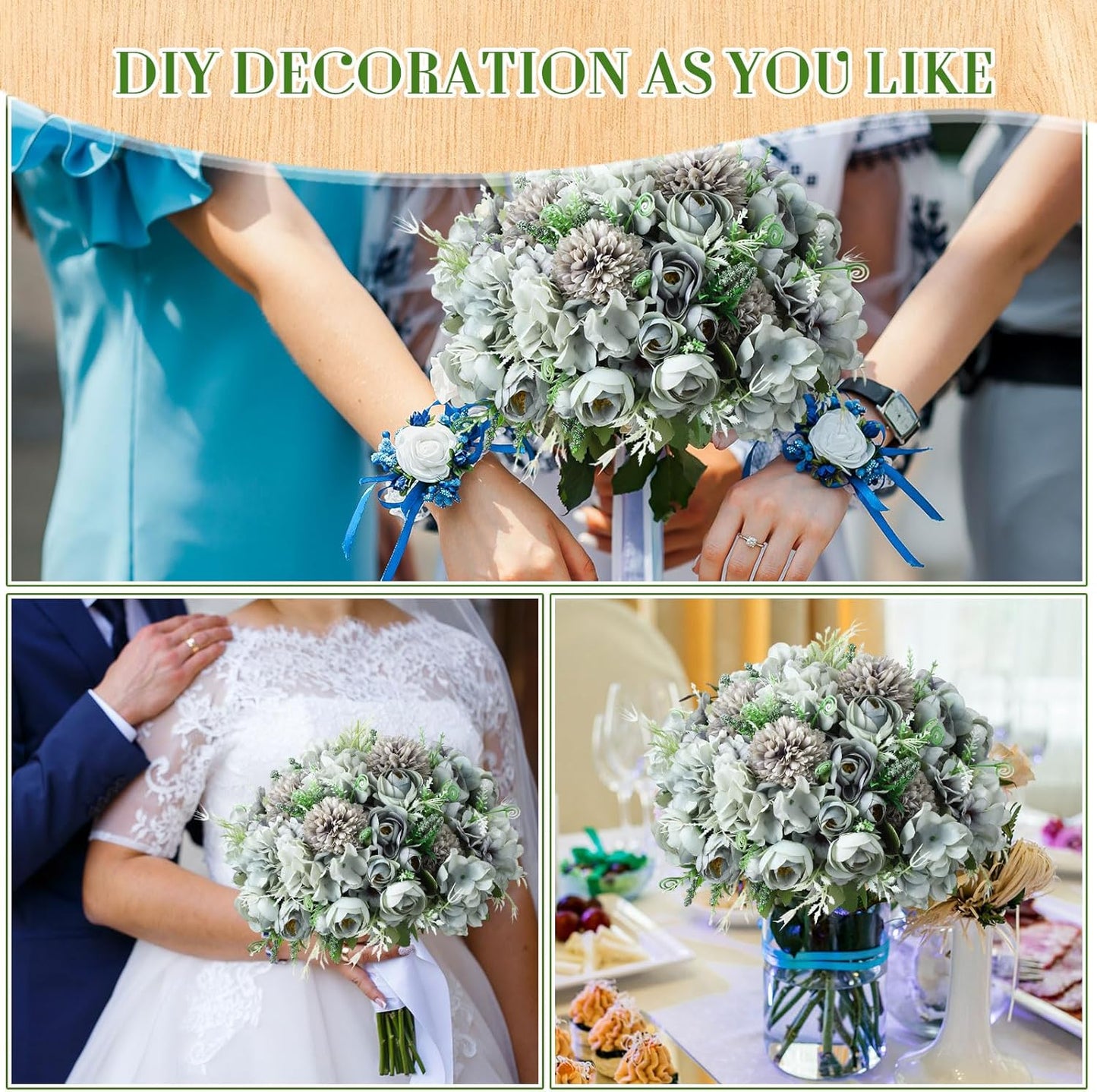 Peonies Artificial Flowers Faux Roses Silk Flowers Hydrangea Artificial Bouquet for Wedding Table Centerpiece Floral Vase Home Office Bridal Decor(Blue,12 Bundles)