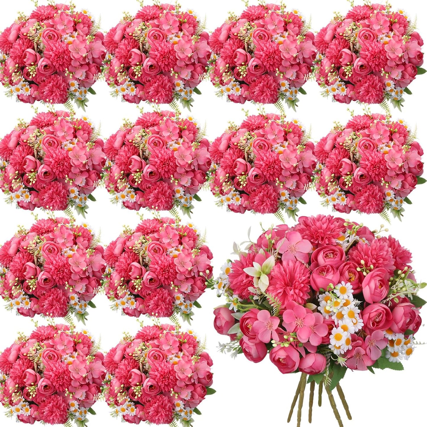 Peonies Artificial Flowers Faux Roses Silk Flowers Hydrangea Artificial Bouquet for Wedding Table Centerpiece Floral Vase Home Office Bridal Decor(Blue,12 Bundles)