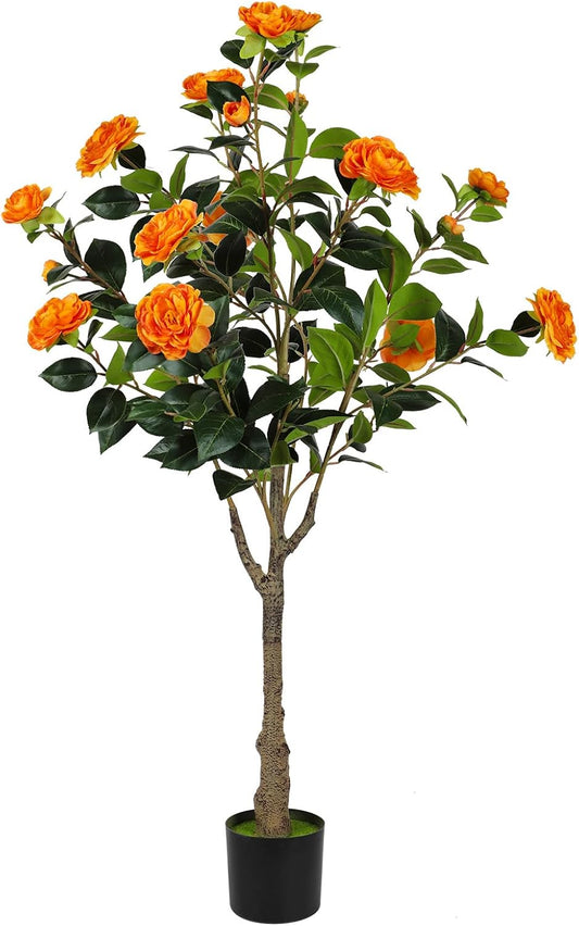 47” Artificial Camellia Tree with Blooming Orange Flowers, Artificial Tree for Indoor Outdoor, Faux Camellia Tree for Modern Home Office Floor Porch Decor, Free Maintenance