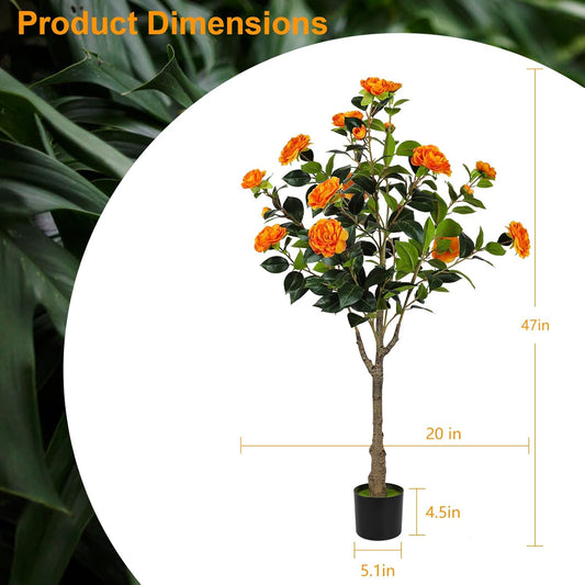 47” Artificial Camellia Tree with Blooming Orange Flowers, Artificial Tree for Indoor Outdoor, Faux Camellia Tree for Modern Home Office Floor Porch Decor, Free Maintenance