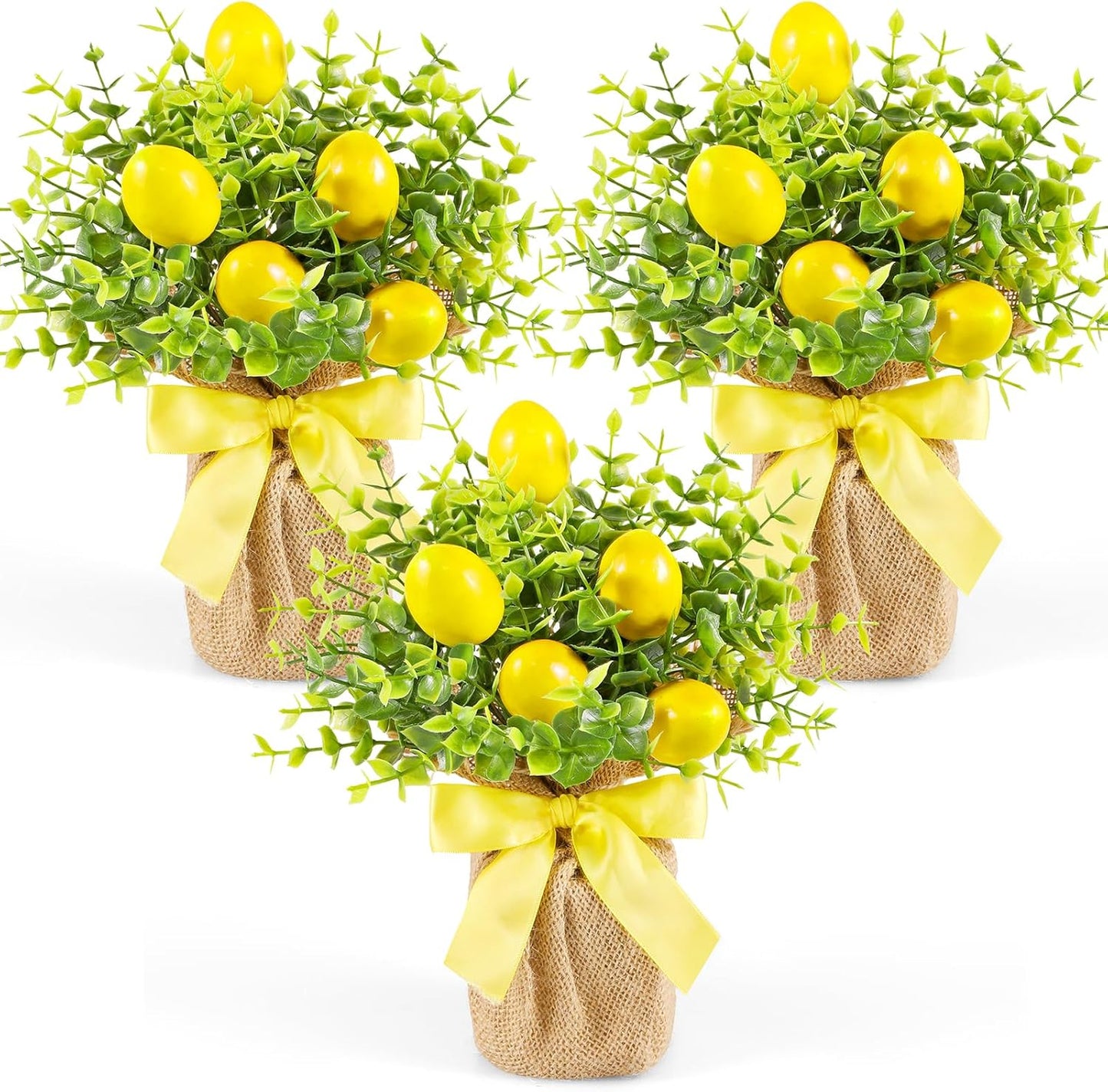 3 Pack Artificial Potted Lemon Flowers Plastic Faux Lemons in Small Burlap Bag Vases Fake Lemons Potted Plants for Spring Summer Home Farmhouse Office Kitchen Indoor Outdoor Table Decoration